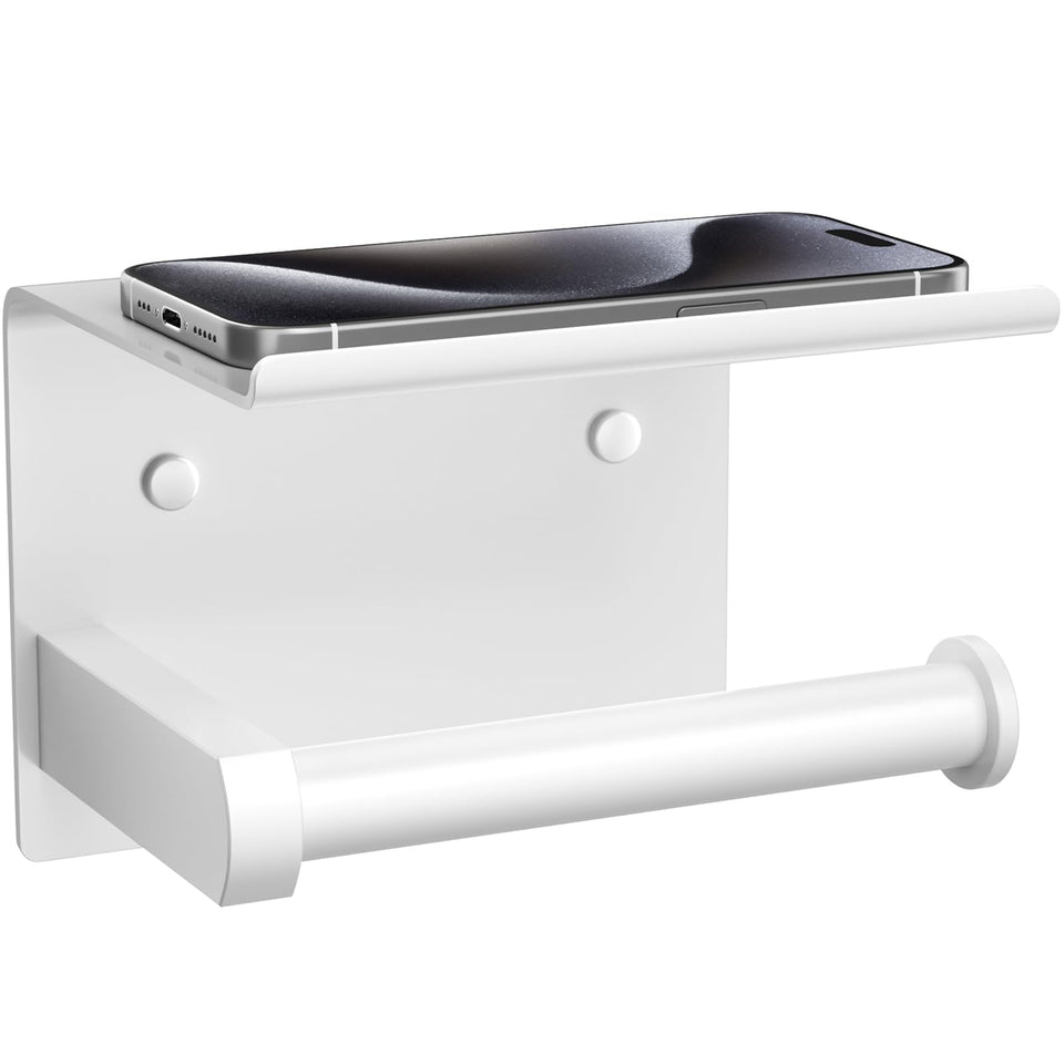 Tindbea toilet paper holder with phone shelf — front view, durable white finish for bathroom organization.