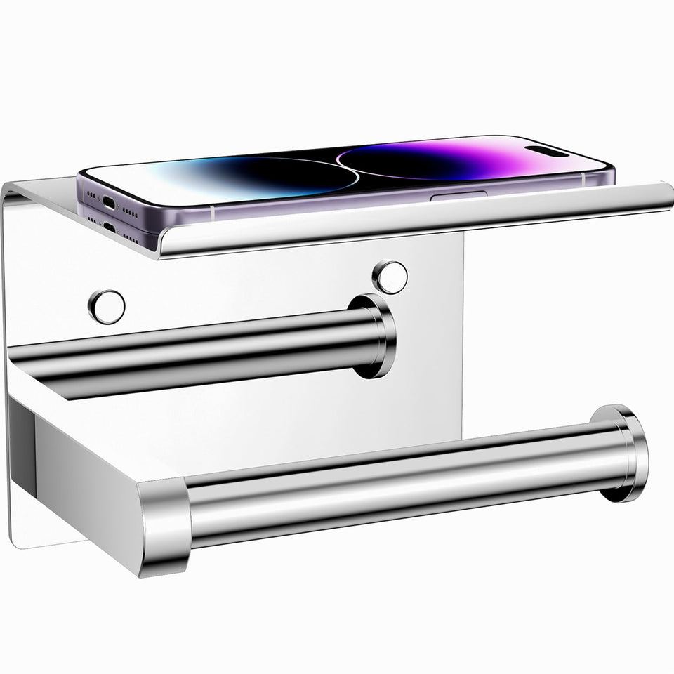 Tindbea polished chrome toilet paper holder with a safe phone shelf