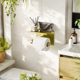 Tindbea toilet paper holder with phone shelf mounted with screws for secure install