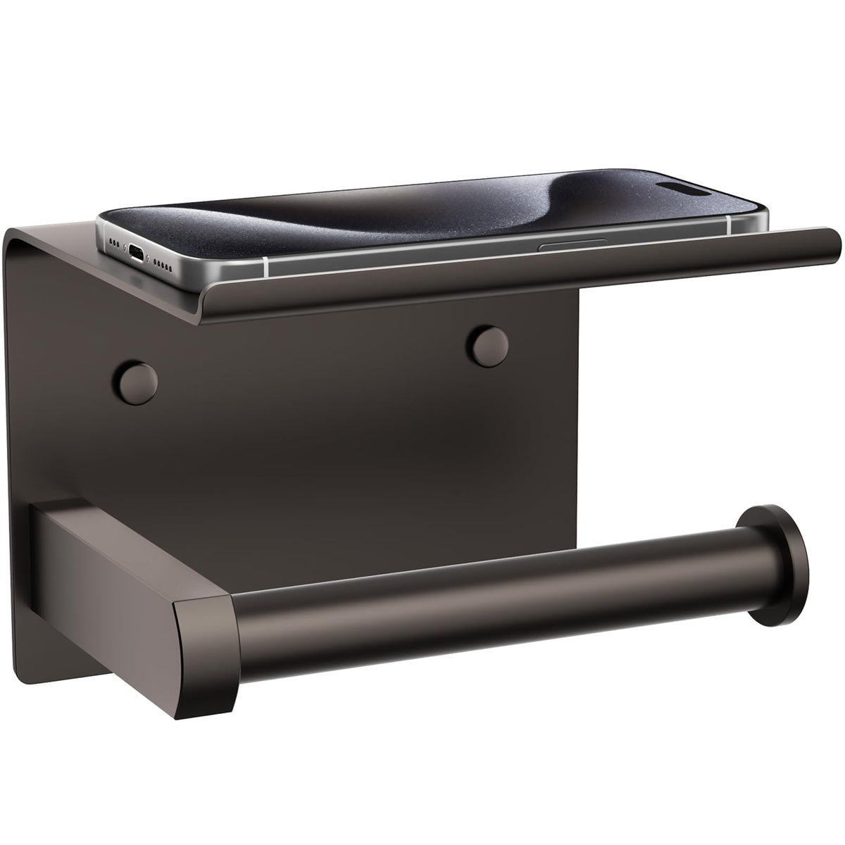 Tindbea bronze toilet paper holder with phone shelf provides secure bathroom storage.