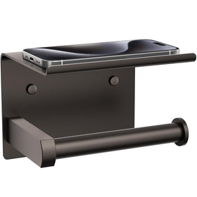 Tindbea bronze toilet paper holder with phone shelf provides secure bathroom storage.