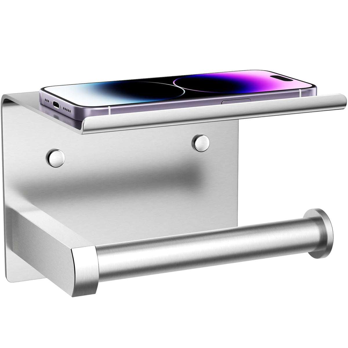 Tindbea toilet paper holder with phone shelf close-up showing brushed nickel finish and durable steel.