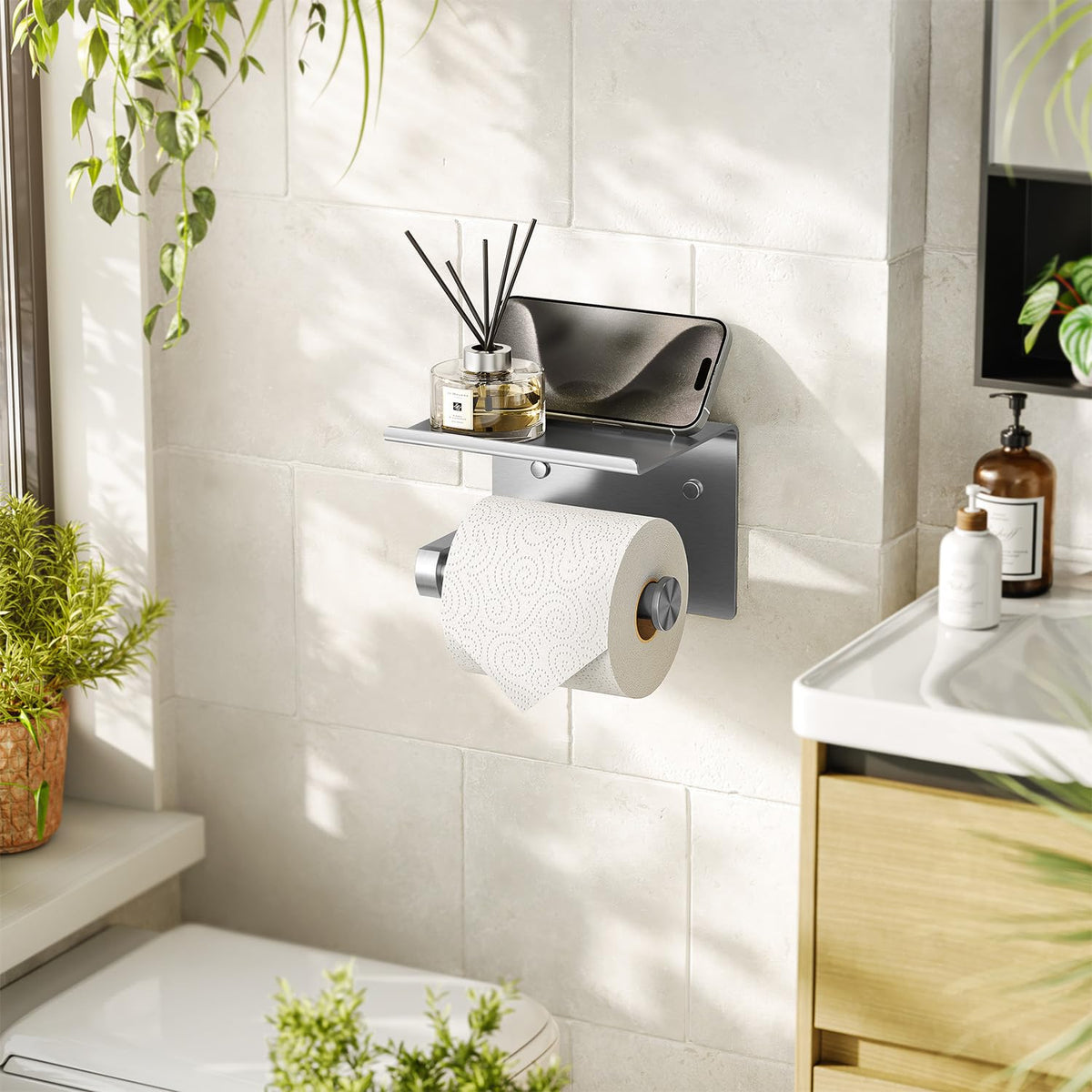 Tindbea toilet paper holder front view highlighting the spacious phone shelf.