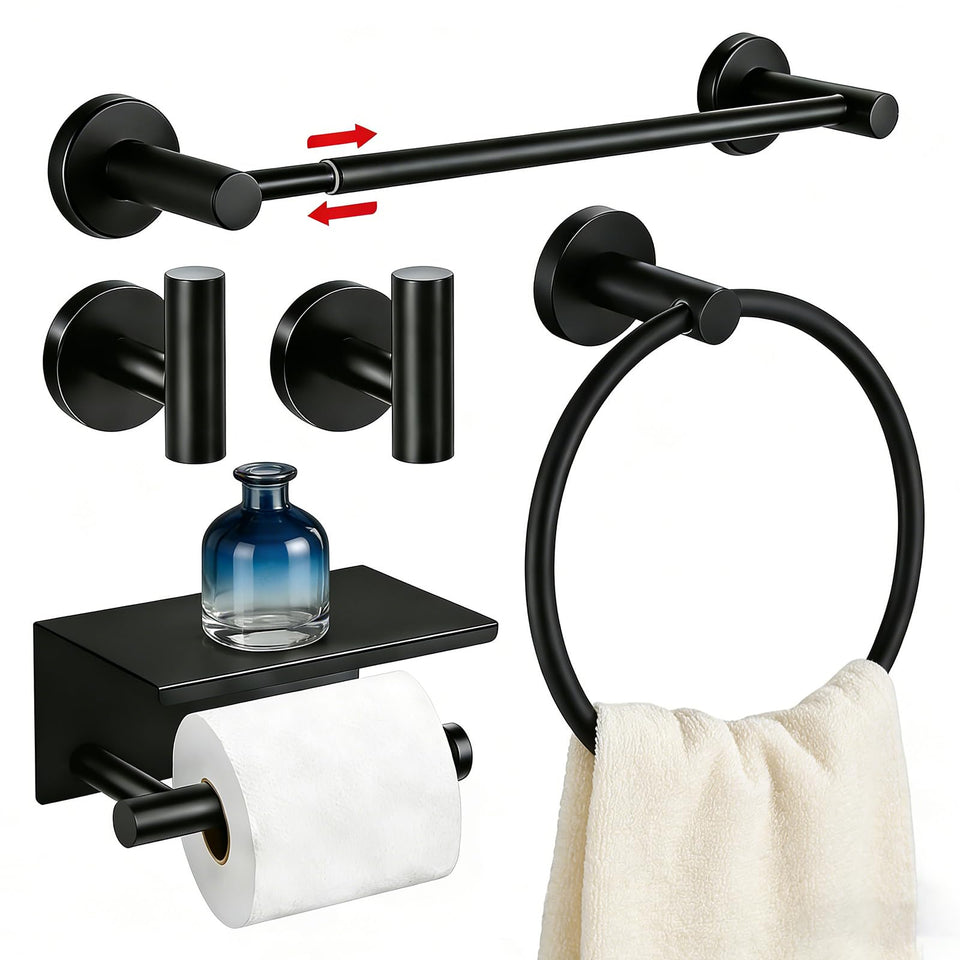 Tinecio 5-piece adjustable towel bar set extends 16.5 to 25.7 inches for flexible layouts.