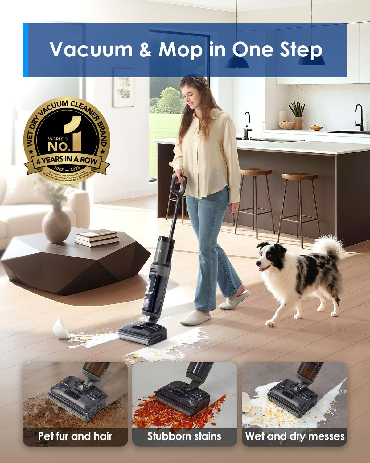 Tineco Floor ONE i6 Stretch 180-degree-flat design enables easy cleaning under furniture.