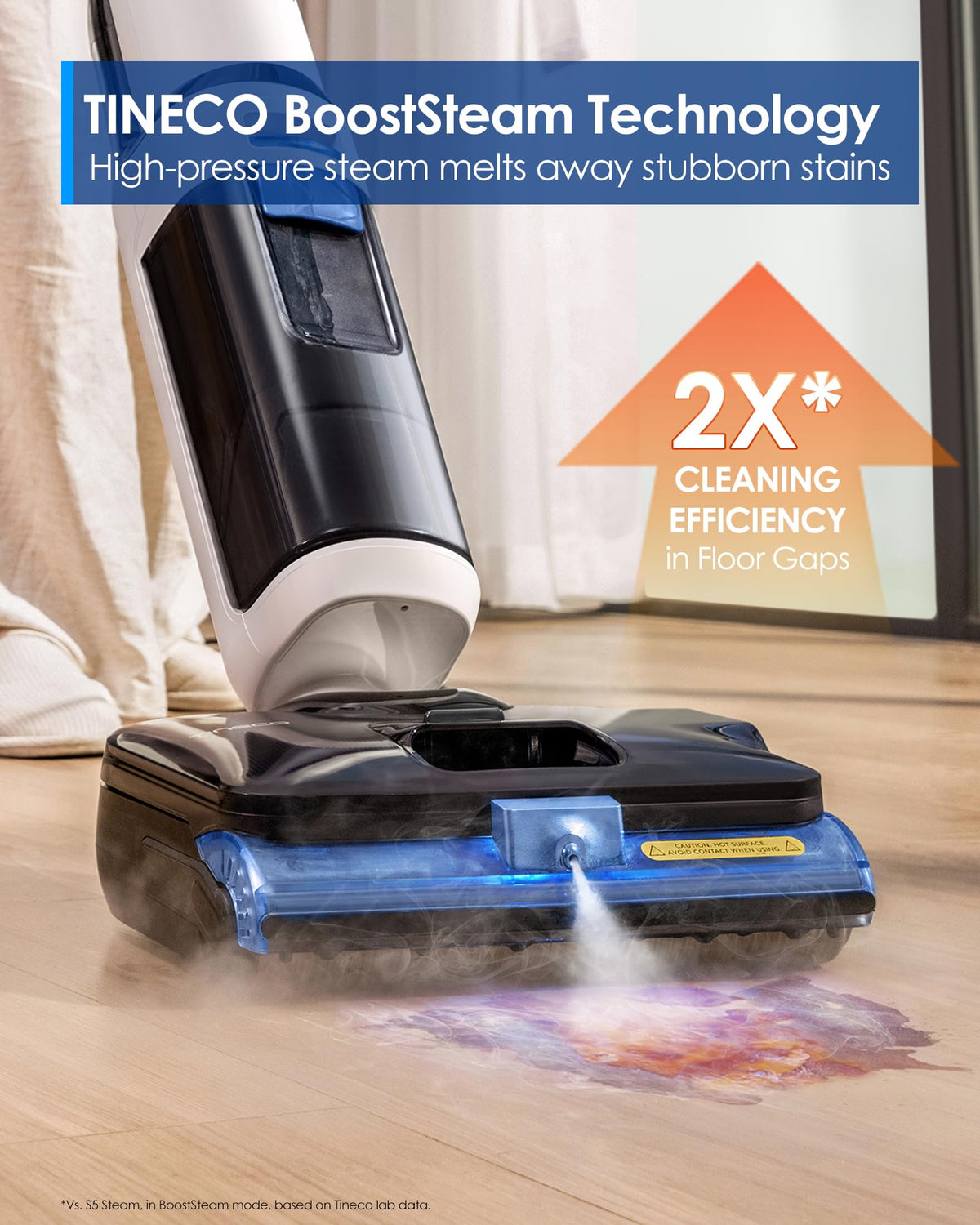 Tineco FLOOR ONE S6 Stretch BoostSteam action highlights powerful stain removing capability