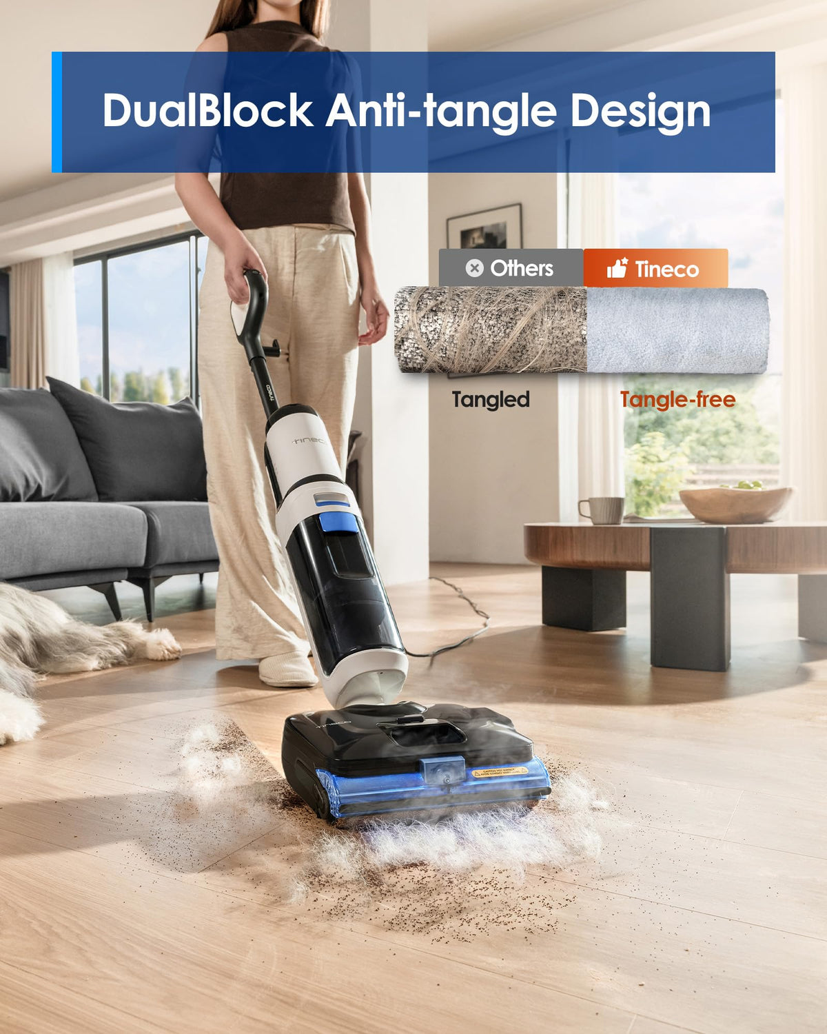 Tineco FLOOR ONE S6 Stretch DualBlock anti-tangle feature reduces hair snagging