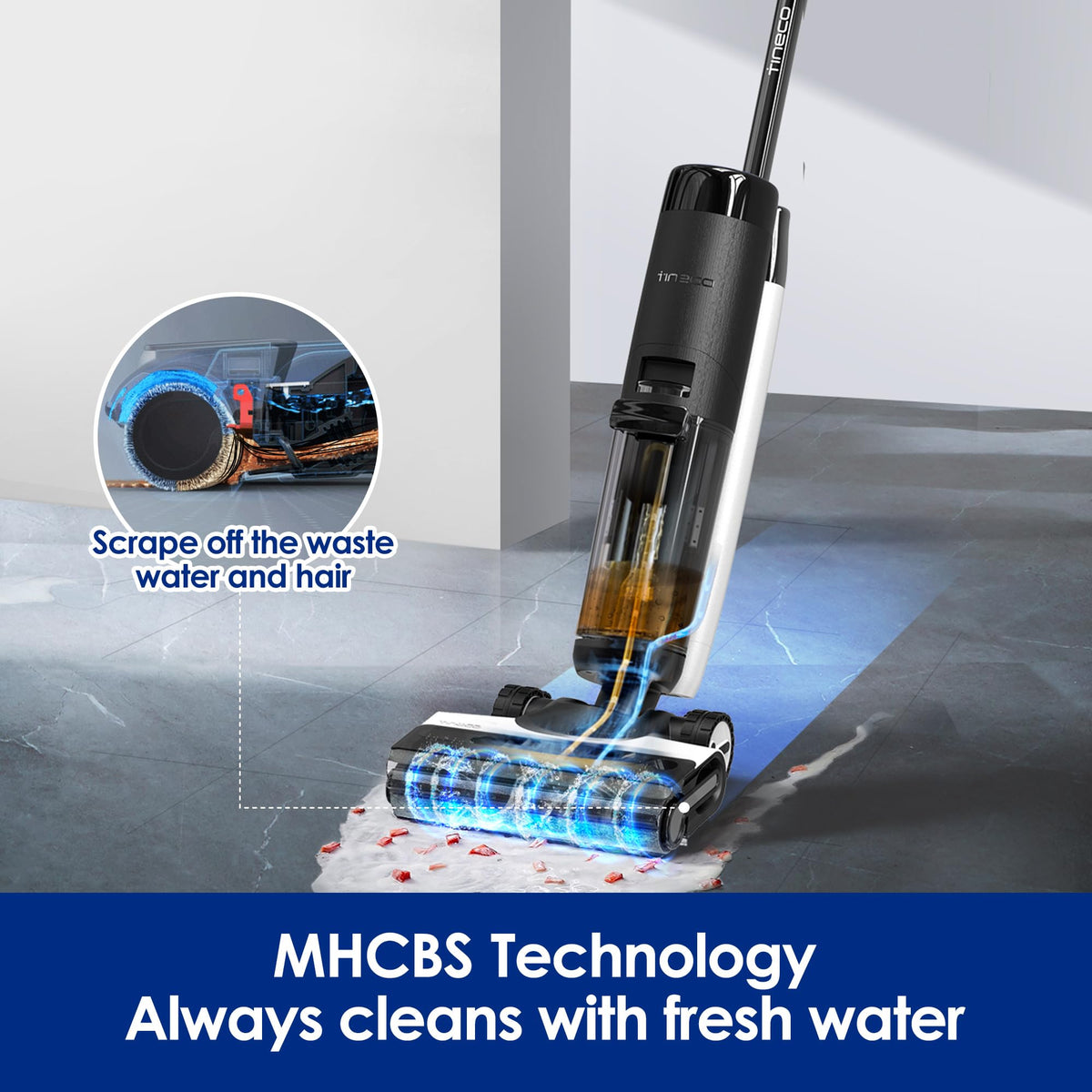 Tineco Floor ONE S7 PRO, MHCBS technology visual showing continuous fresh water washing.