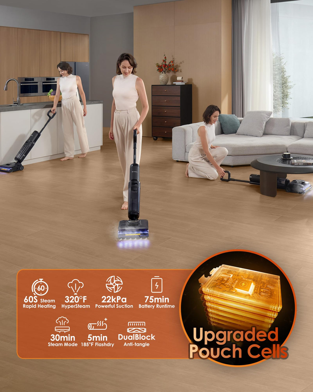 Tineco Floor One S7 Stretch lay-flat reach cleans under low furniture with ease.