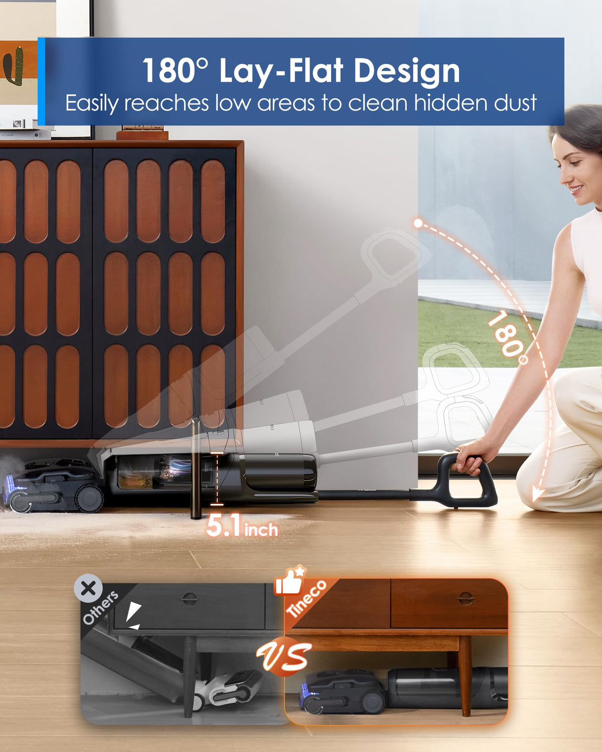 Tineco Floor One S7 Stretch lay-flat design cleans under cabinets and edges.