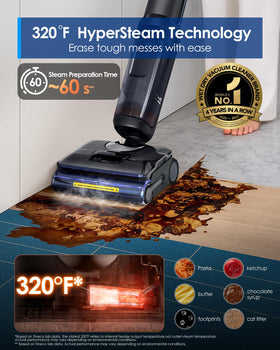 Tineco Floor One S7 Stretch HyperSteam in action tackling stubborn grease on floors.