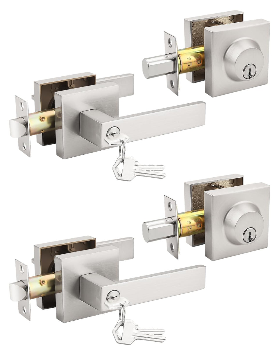 Tinewa brushed nickel front door lever assembly for secure exterior entry.