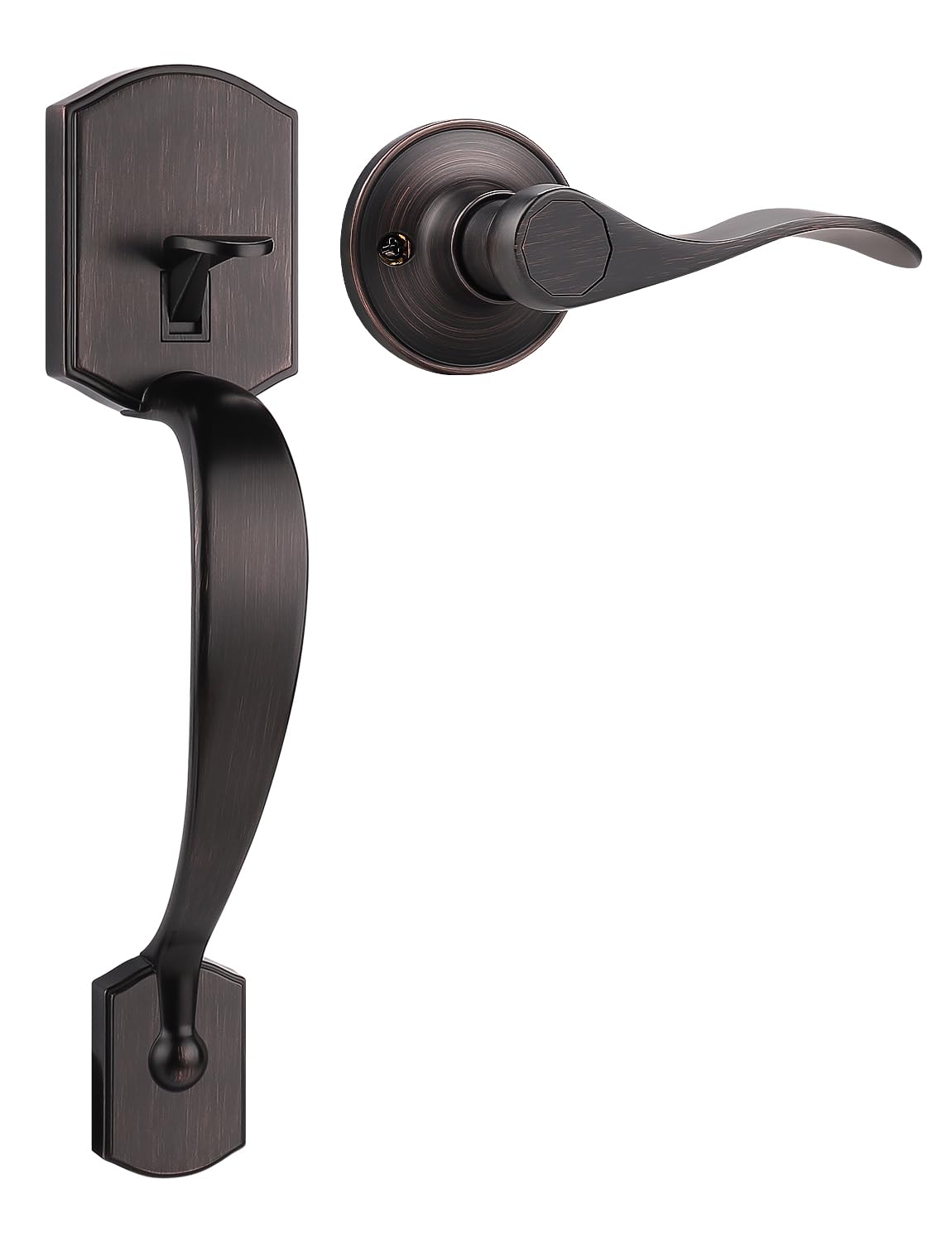 Tinewa Camelot exterior handleset in oil rubbed bronze for secure entry.