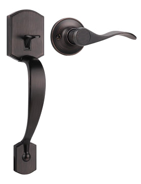 Tinewa Camelot exterior handleset in oil rubbed bronze for secure entry.