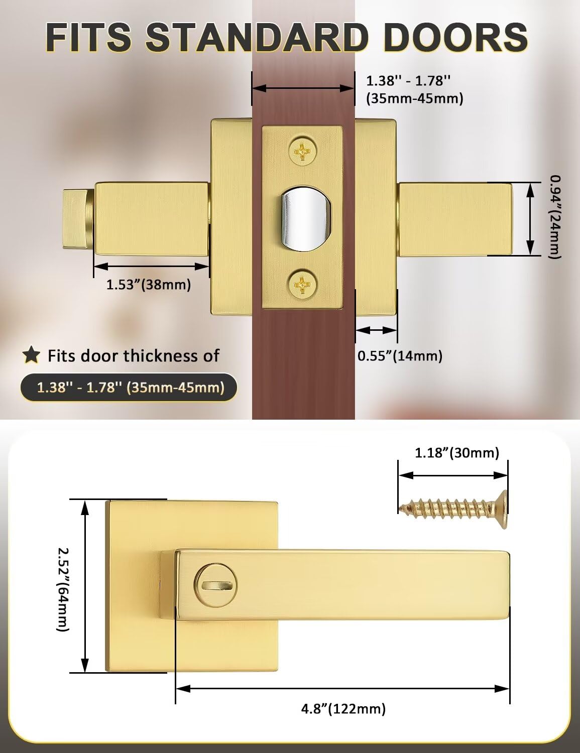 Tinewa privacy lever square gold bedroom door handle for privacy