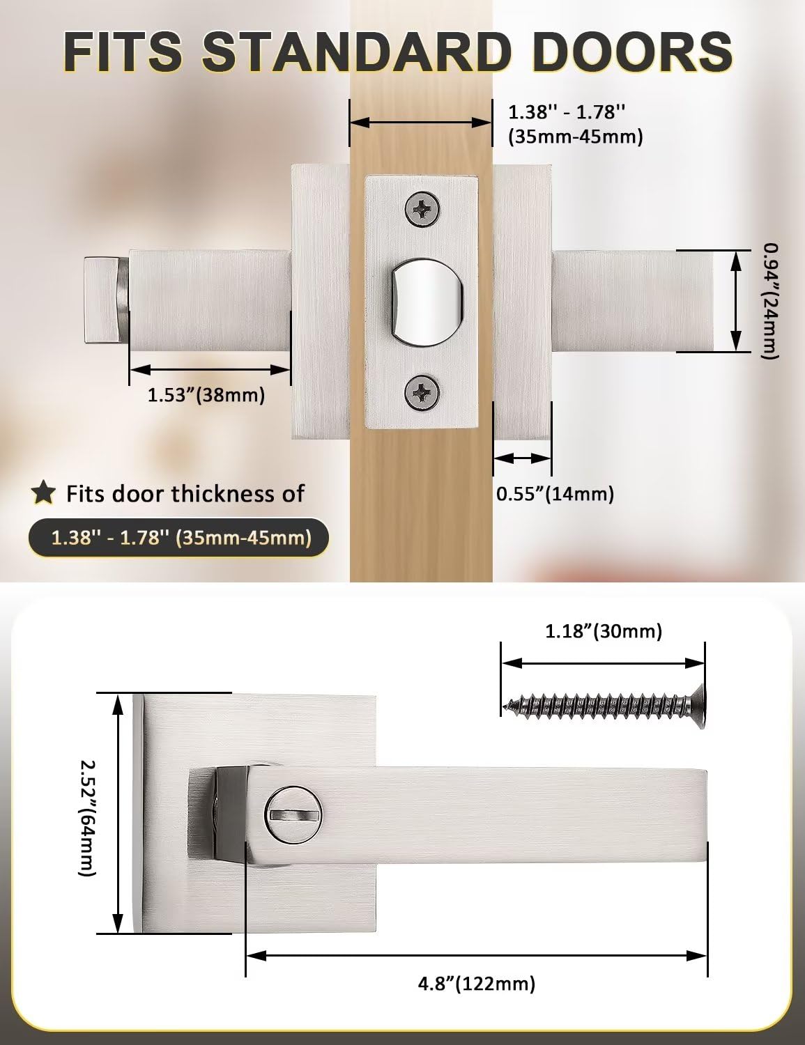 Tinewa privacy square handle side view highlighting reversible design for both door orientations