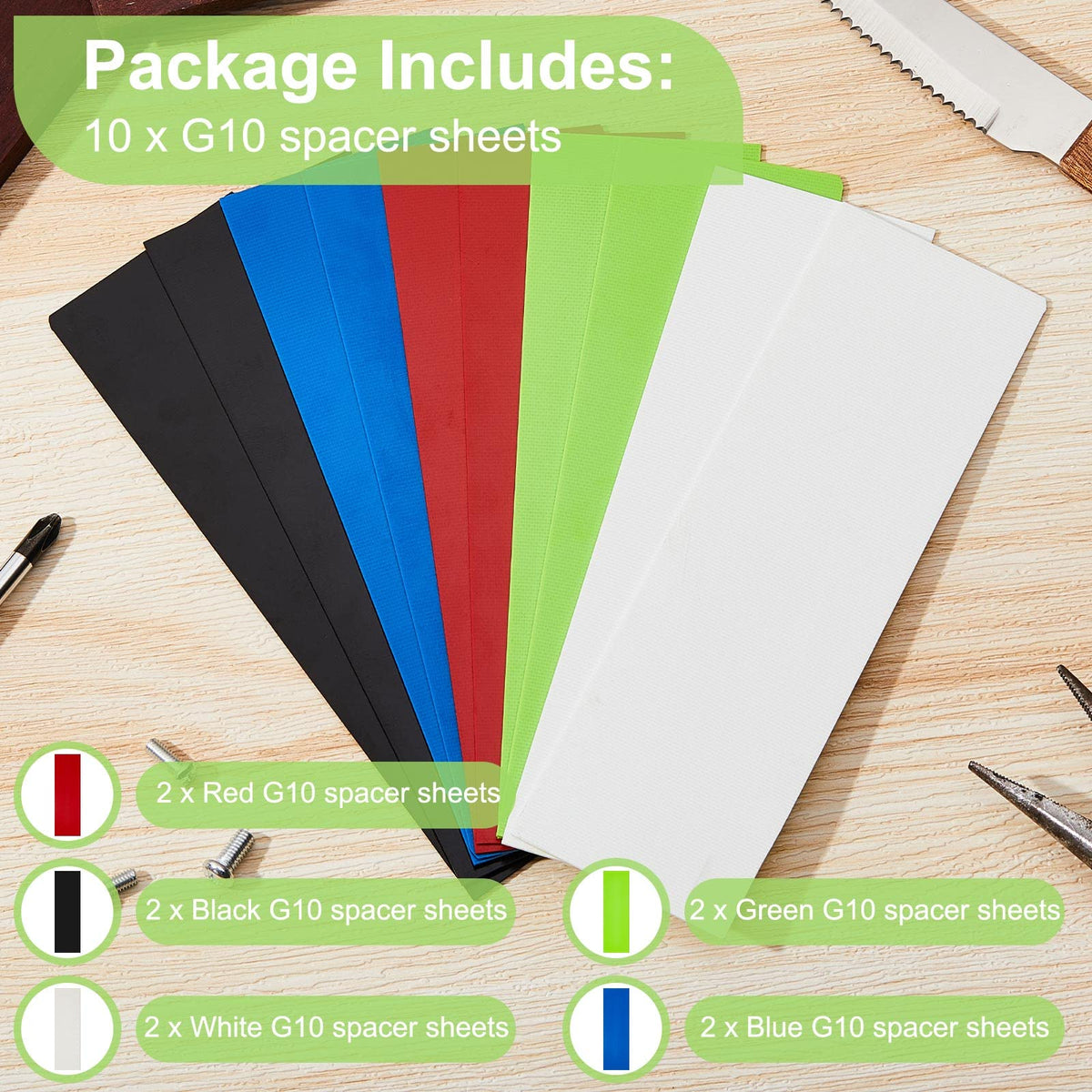Tinlade G10 spacer sheets in green for versatile grip options