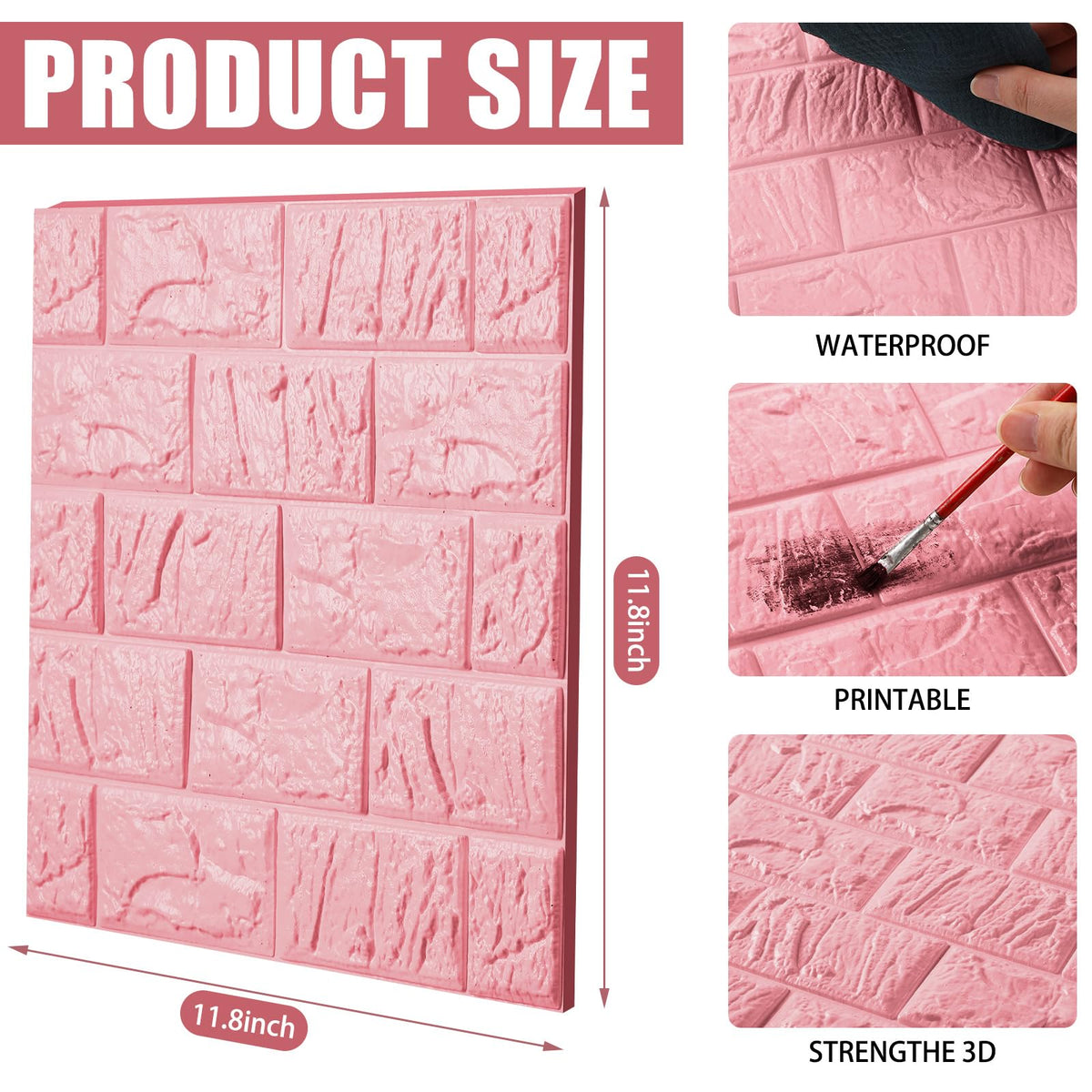 Tinlade pink peel-and-stick brick panel provides strong adhesion for easy DIY decor