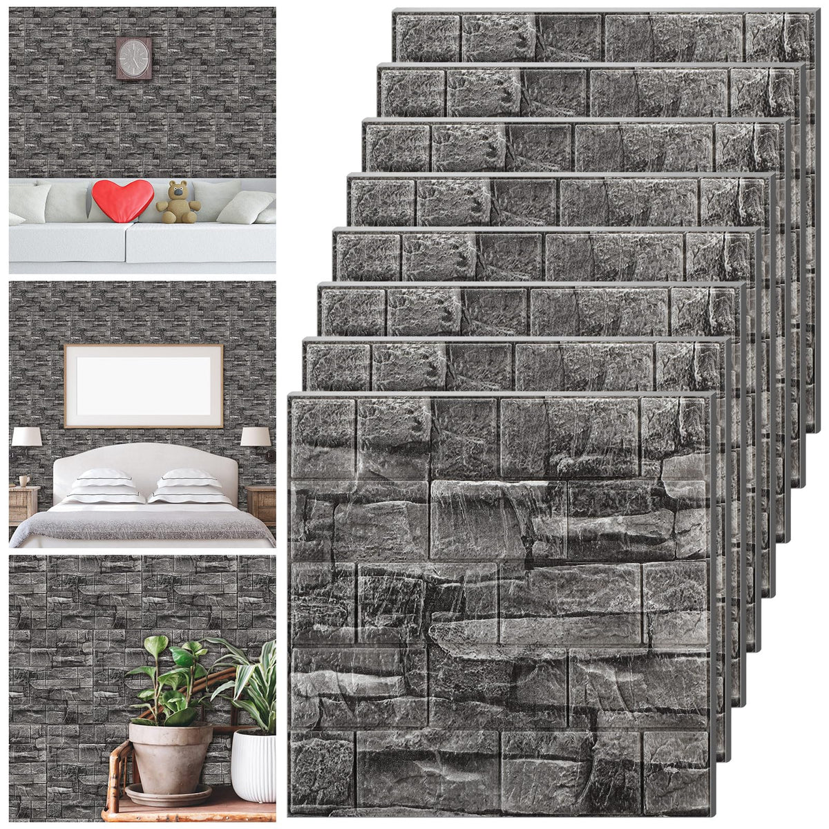 Tinlade Rock Black 3D wall panel close-up showing textured brick look for a modern upgrade