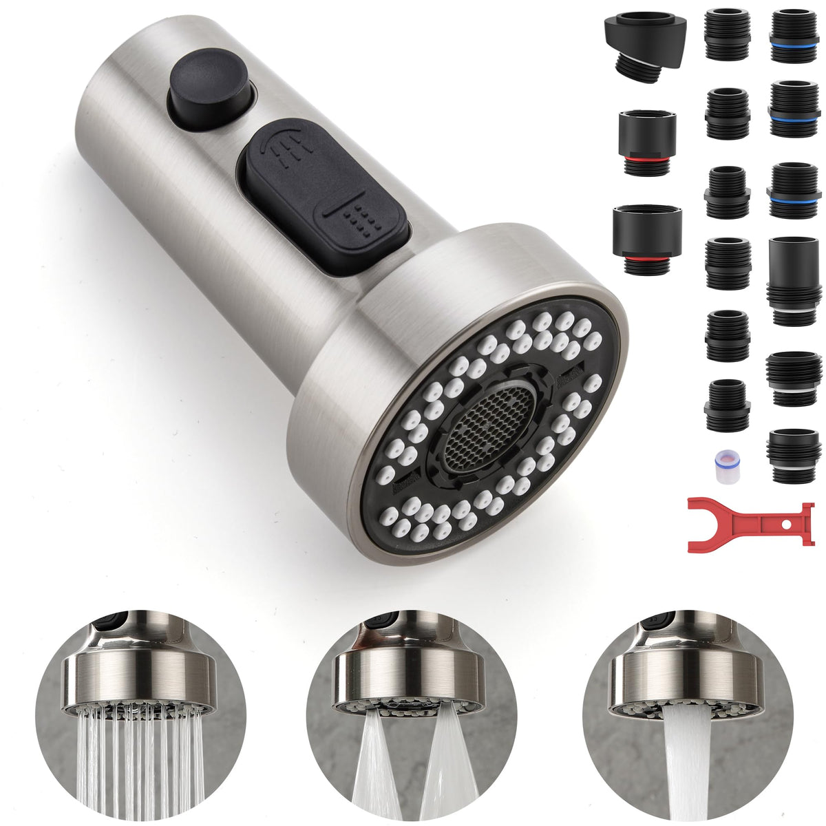 TIORIY pull-down spray head with 15 adapters for broad faucet compatibility.
