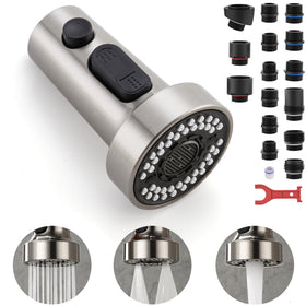TIORIY pull-down spray head with 15 adapters for broad faucet compatibility.