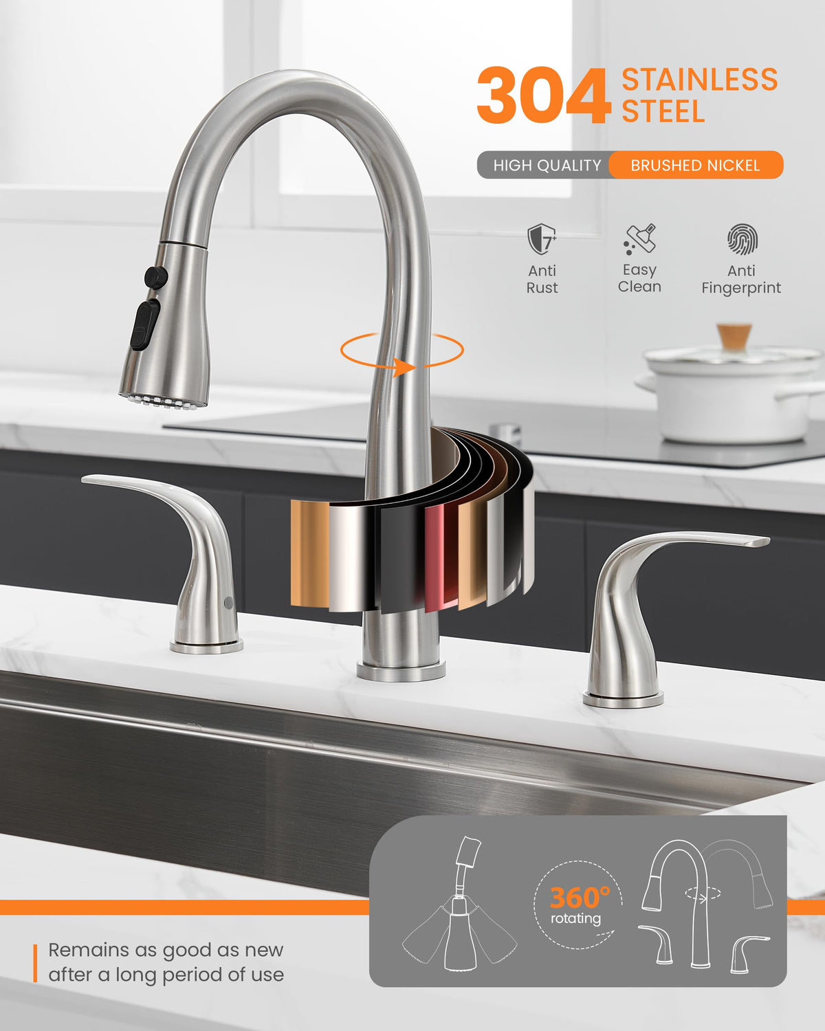 TIORIY pull-down sprayer action for flexible sink reach.