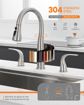 TIORIY pull-down sprayer action for flexible sink reach.