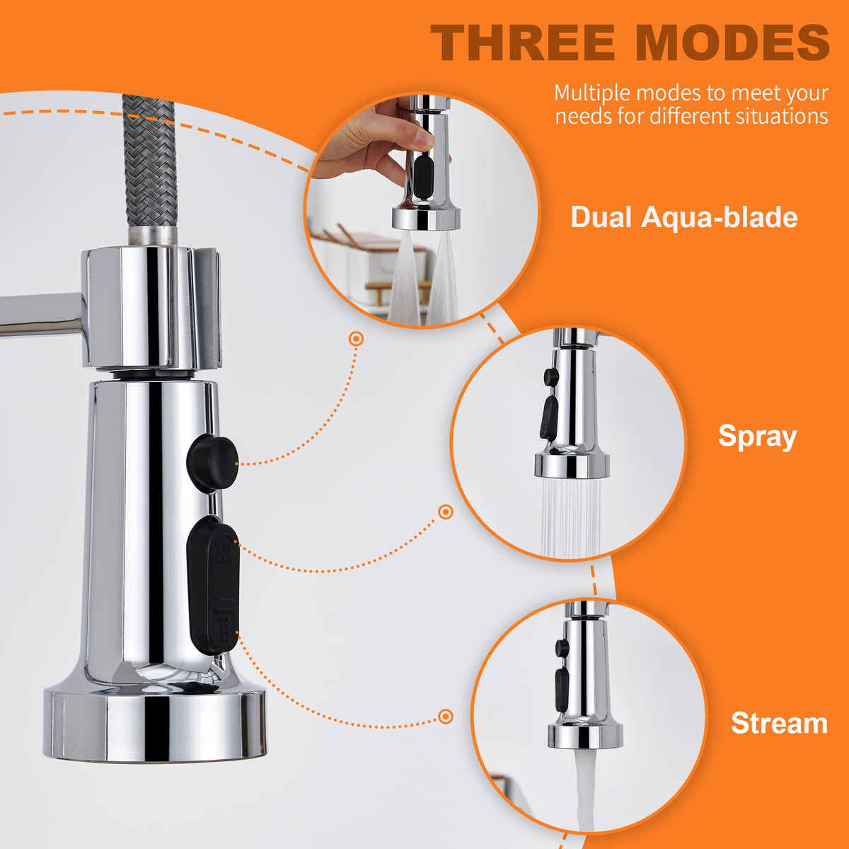 TIORIY brushed nickel finish faucet head blends with modern kitchens