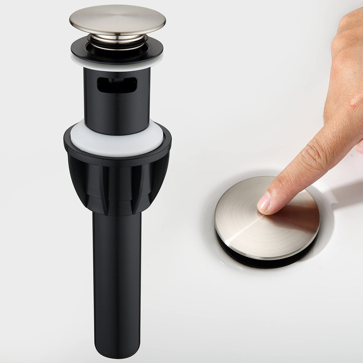 TIORIY pop-up drain with brushed nickel finish, side view, easy overflow control.
