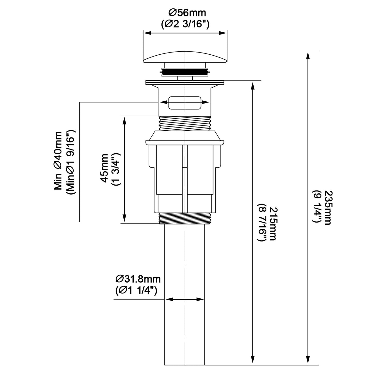 TIORIY pop-up drain with overflow feature, clear design and smooth operation.