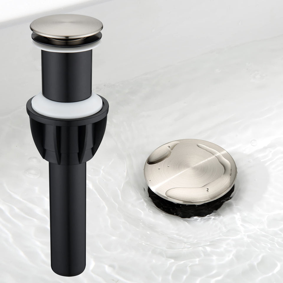TIORIY Vessel Sink Drain in brushed nickel installed on a contemporary vanity