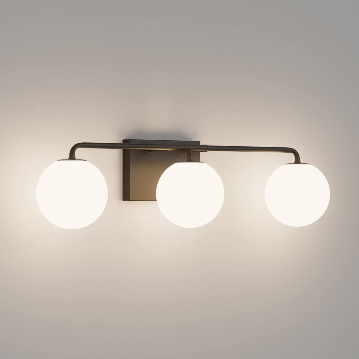 Tipace 3-light vanity fixture with black matte finish and white glass globes for bathroom drama