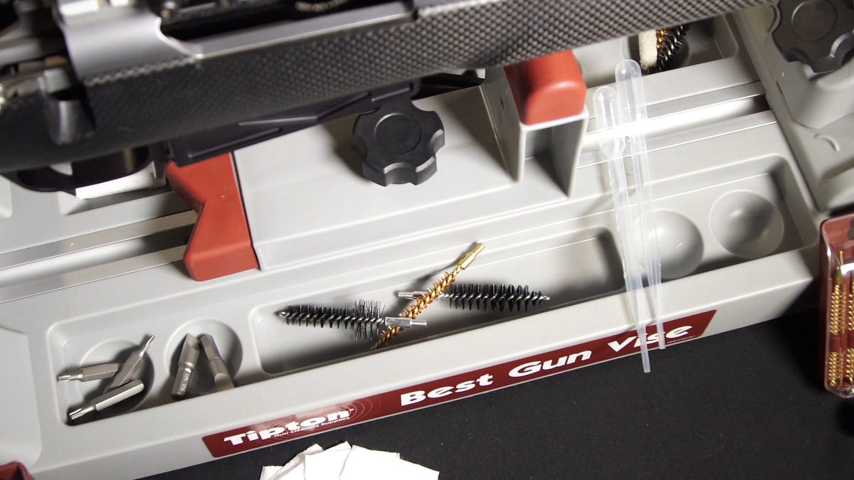 Tipton Best Gun Vise molded compartments organize solvents and small parts