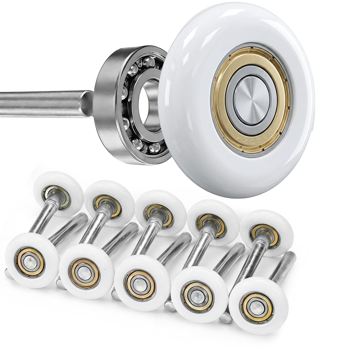 Tirpheety nylon roller close-up shows 6200zz bearings for quiet operation.