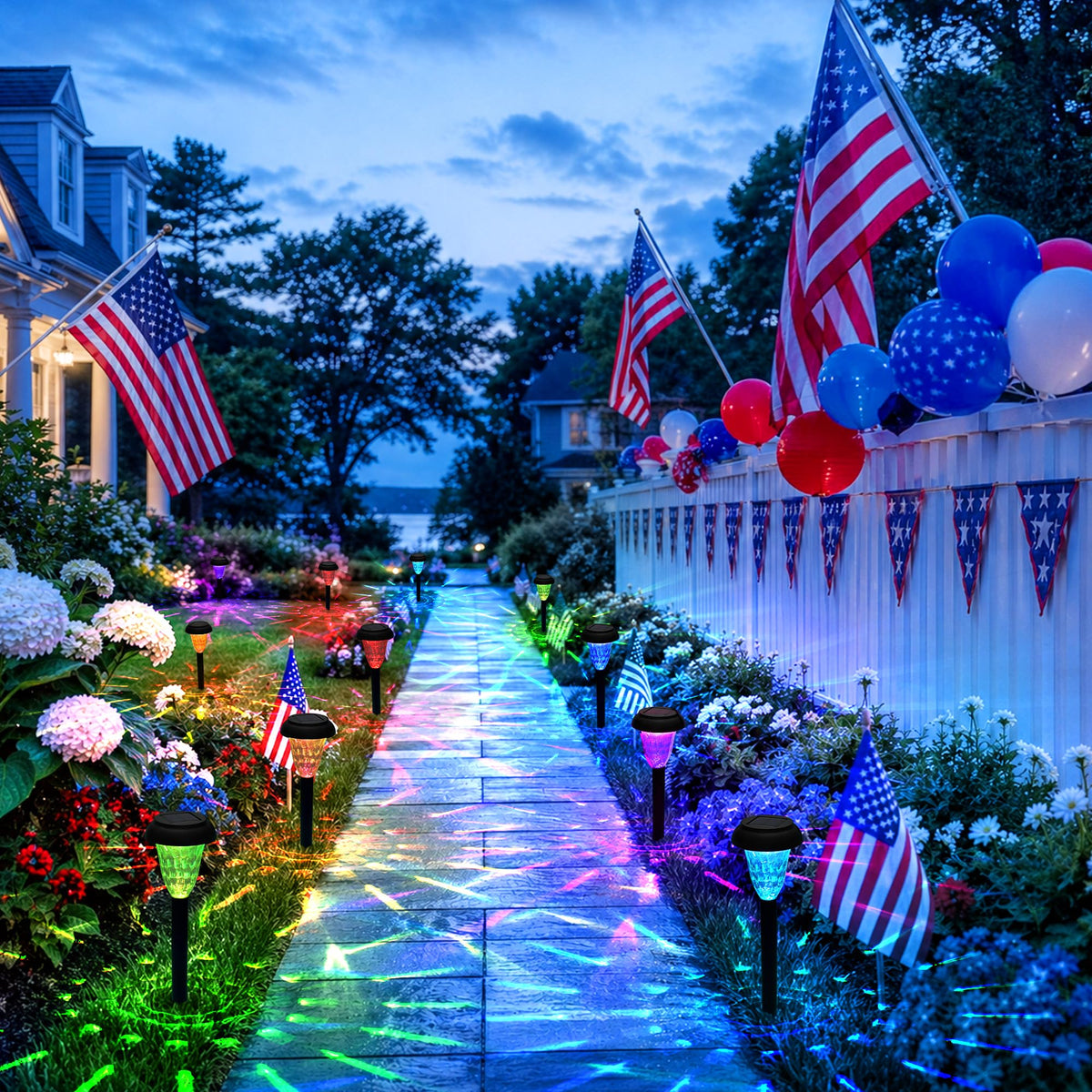 TISEJOY solar pathway lights patio garden border provide warm ambient lighting after sunset.