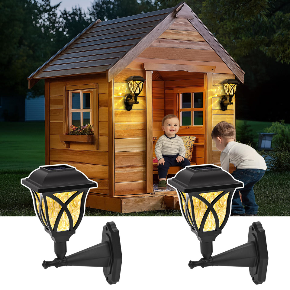 TISEJOY solar wall lantern beside a playhouse providing warm evening light