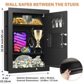 Tiskgg wall safe with removable shelves opened to show flexible organization.