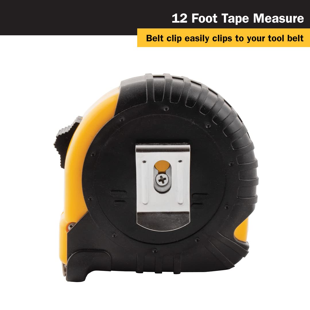 Titan 10912 tape measure showing belt clip and portable design