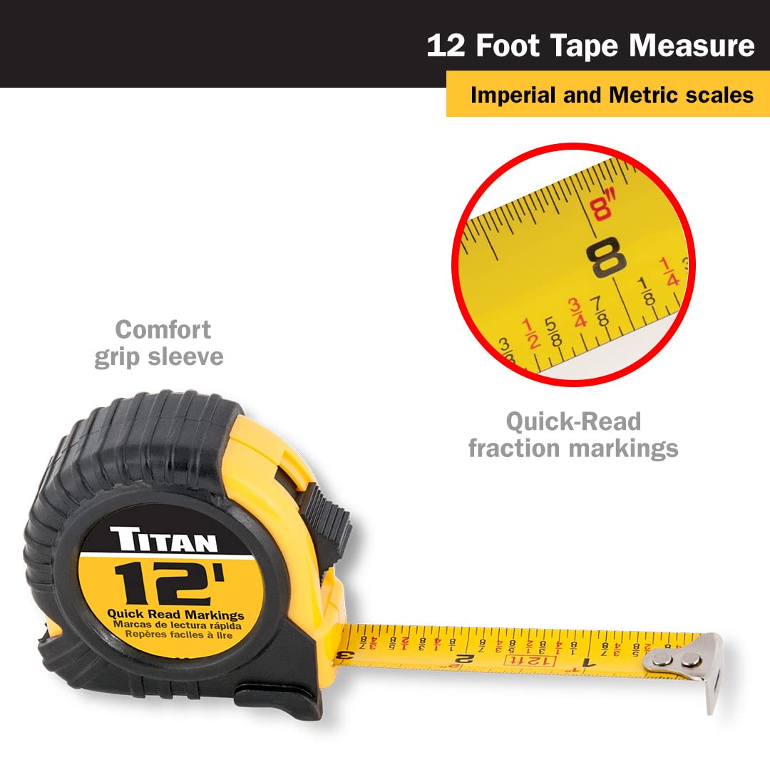 Titan 10912 tape measure in rugged belt clip case for job sites