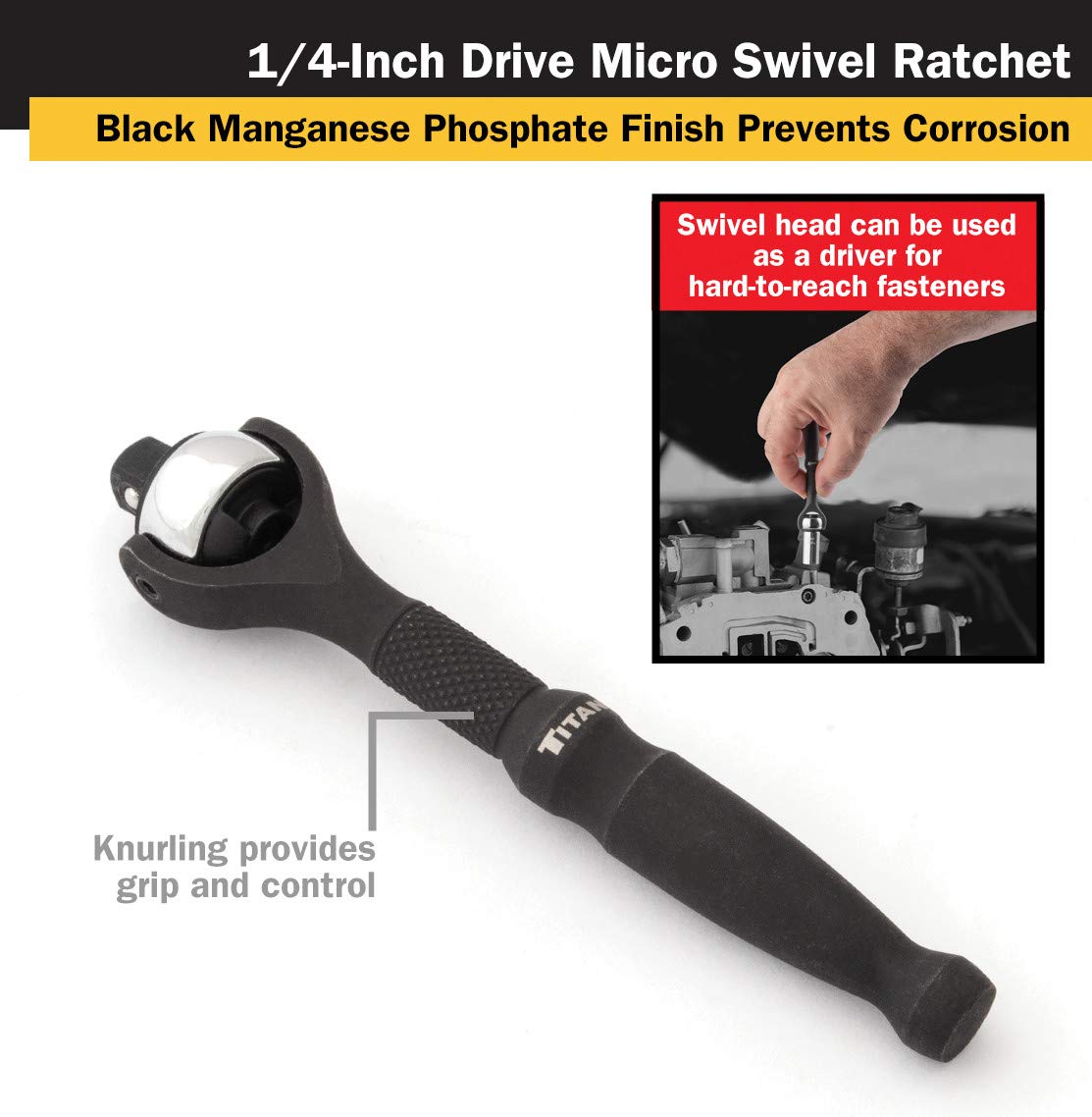 Titan 11313 knurled handle enhances grip and control during use.