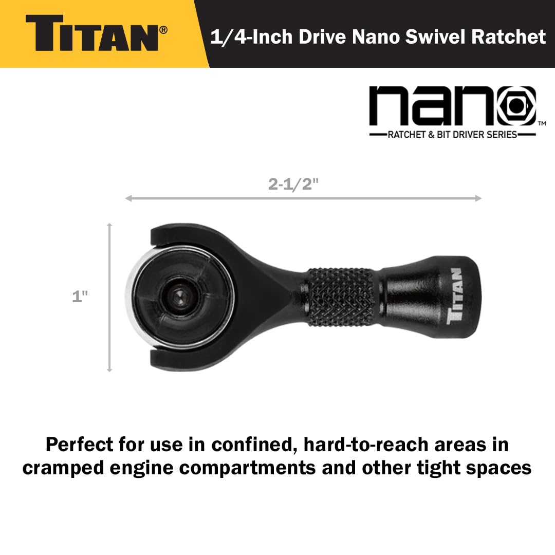 Titan 11330 nano ratchet swivel head enables versatile angles around 250 degrees.