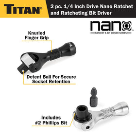 Titan nano ratchet with 4-degree sweep ideal for confined work areas.