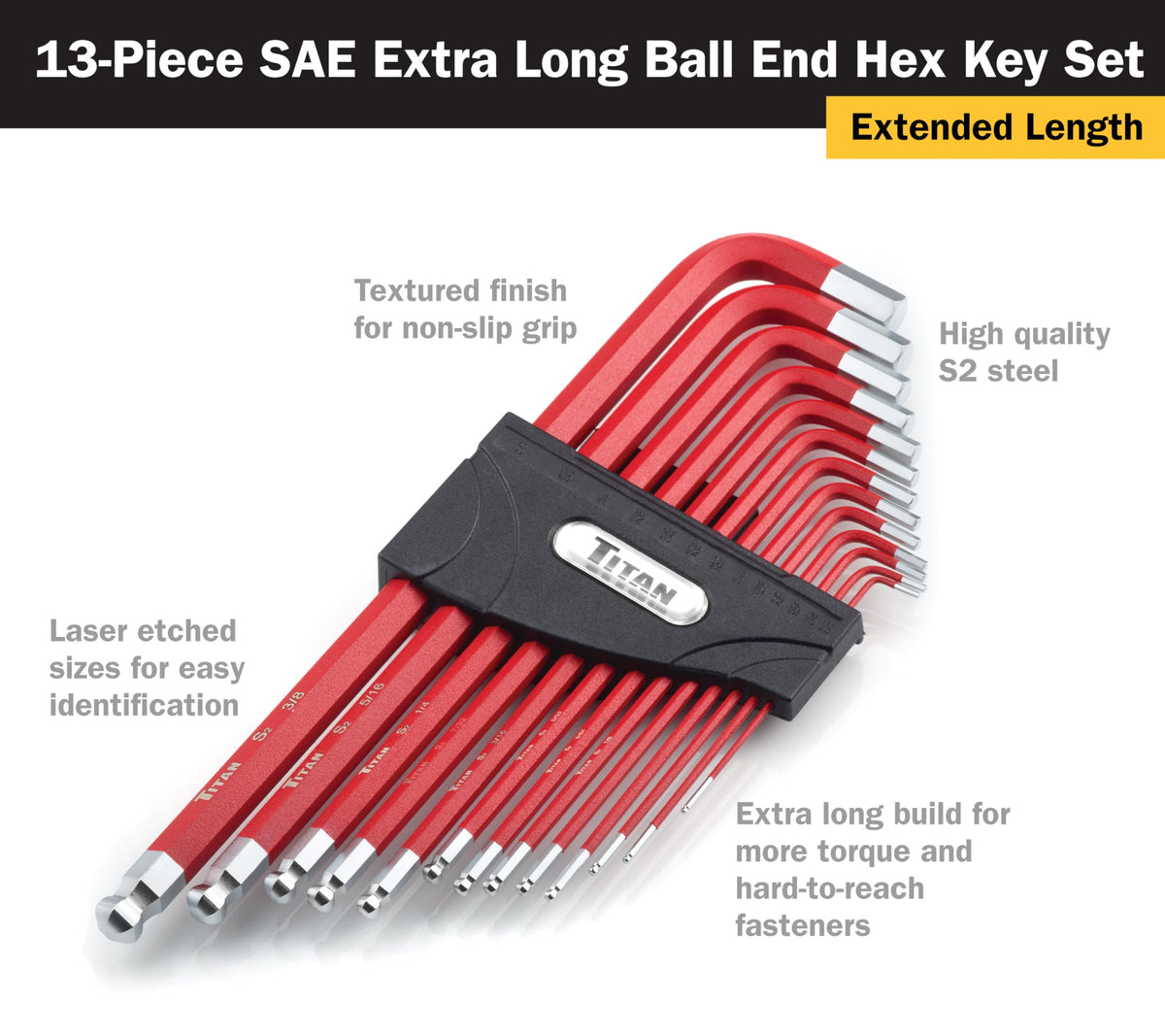 Titan 12764 color-coded L-keys with laser-etched labels simplify tool selection.