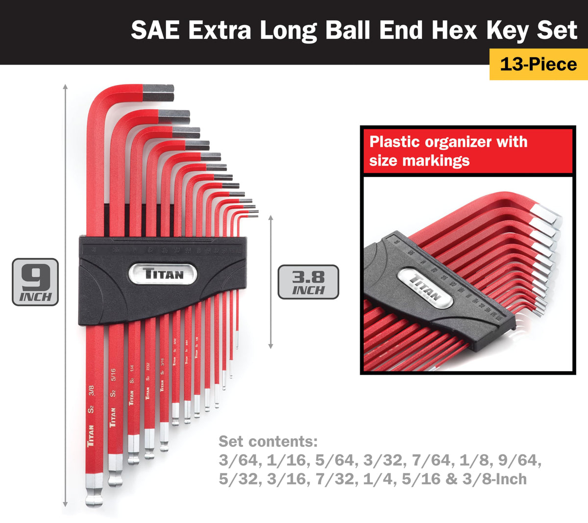 Titan 12764 metric hex keys organizer for fast size identification.