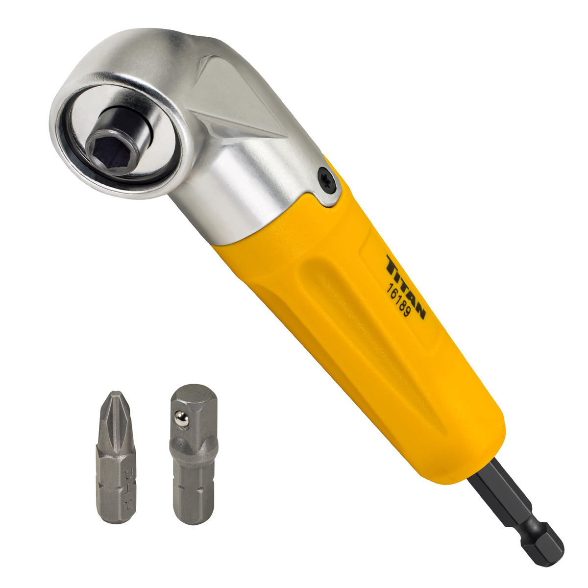 Titan 16189 90-degree magnetic drill attachment close-up showing secure magnetic hold for quick bit changes