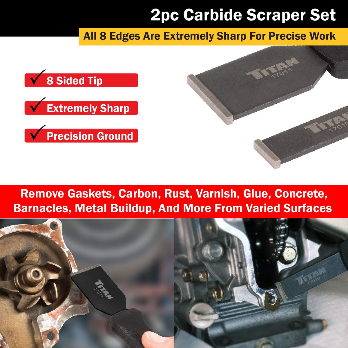 Titan 17016 carbide scraper removing varnish and concrete from a surface