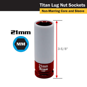 Titan 21093 21mm deep socket ensures secure reach on deep lug nuts.