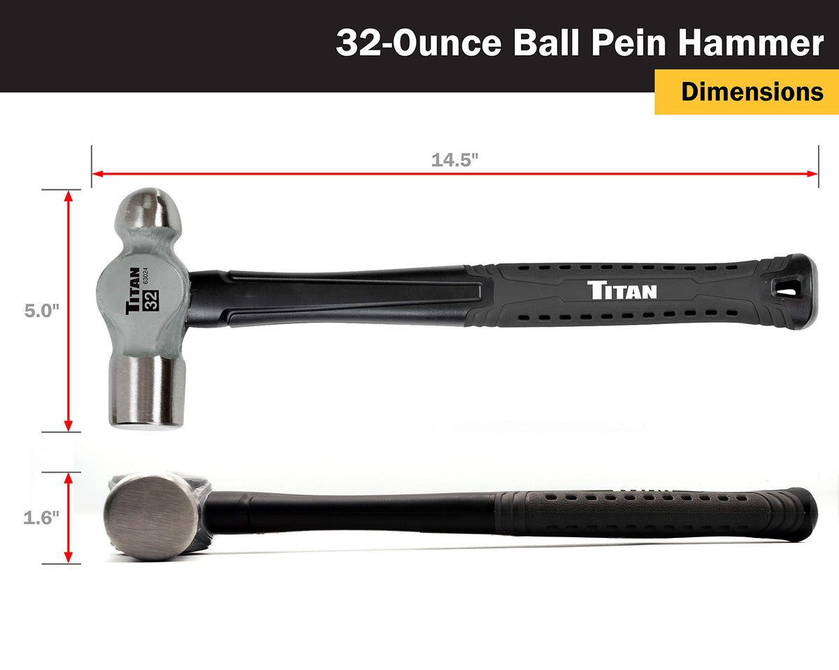 Titan 63024 hammer showcasing shock absorbing fiberglass handle and textured grip for comfortable use