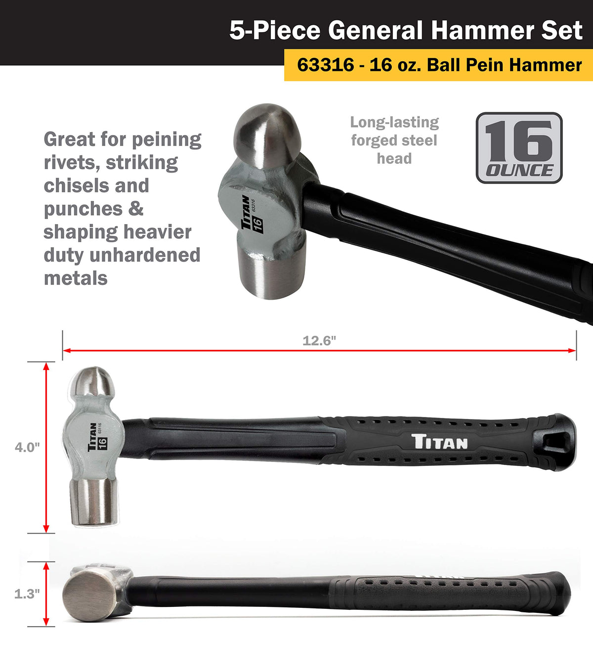 Titan 63125 shock-absorbing fiberglass handle reduces vibration.