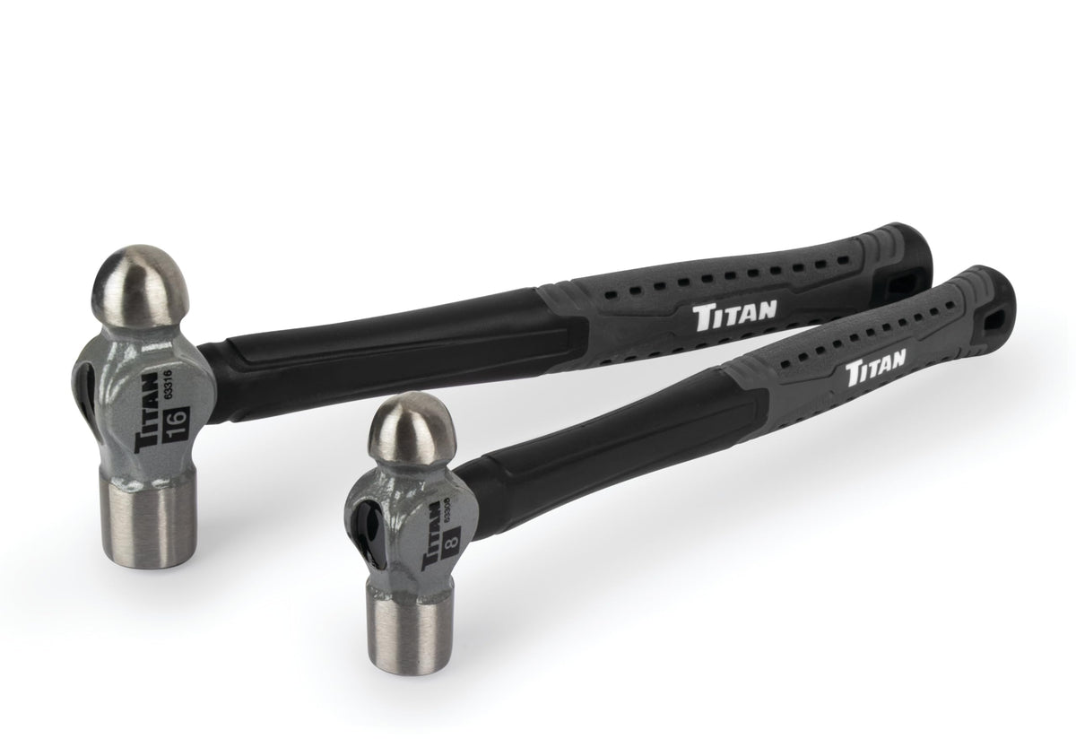 Titan 63302 8oz ball peen hammer with textured grip for precise rivet work.